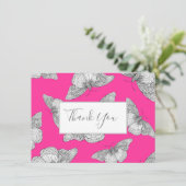 Pen & Ink Vlinder Patroon Hete Roze Achtergrond Bedankkaart (Staand voorkant)