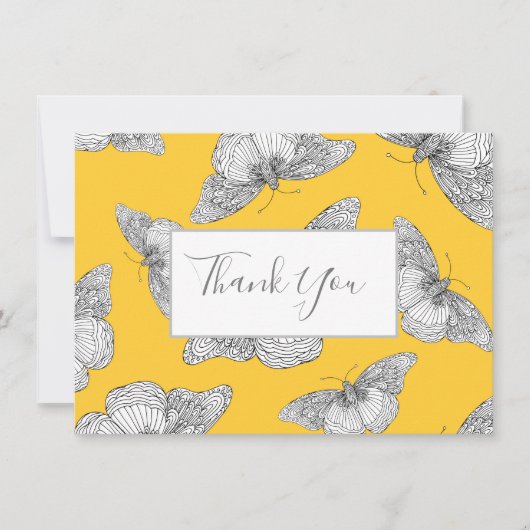 Pen & inkt vlinderpatroon gele achtergrond bedankkaart (Voorkant)