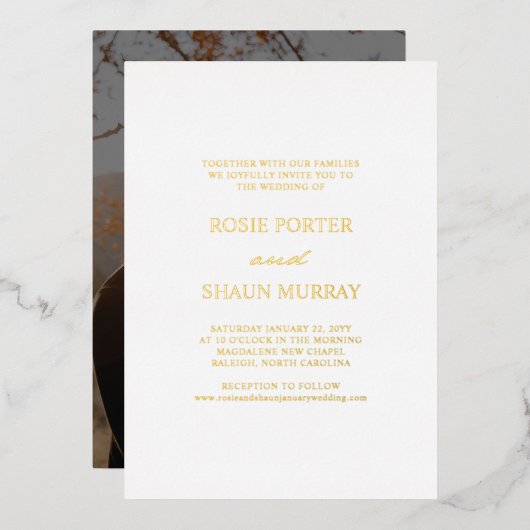 Pen Script Minimale kalligrafie Wit Foto Bruiloft Folie Uitnodiging (Voorkant / Achterkant)