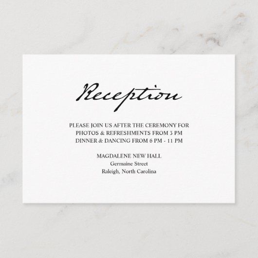 Pen Script minimalistisch wit bruiloft receptie Informatiekaartje (Voorkant)