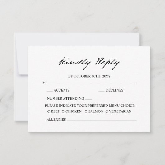 Pen Script minimalistische kalligrafie wit bruilof RSVP Kaartje (Voorkant)