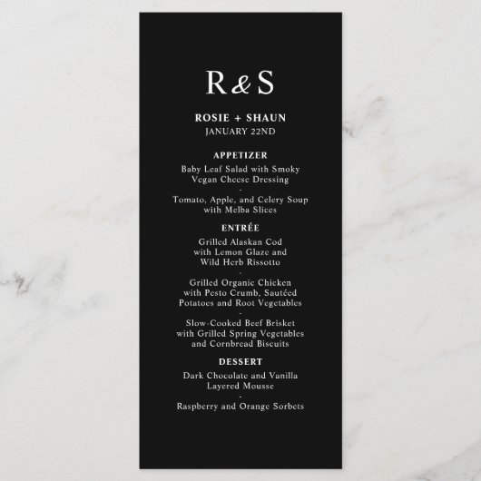 Pen Script Modern Minimaal Monogram Zwart Bruiloft Menu (Voorkant)