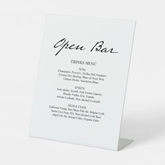 Pen Script Moderne Minimale Open Bar Witte Bruilof Reclamebord Met Voetstuk (Voorkant)
