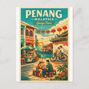 Penang, Maleisië, in een levendige retro-reisstij Feestdagenkaart