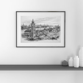 Pencil Cityscape Sketch Hamburg Harbor Landmark Poster