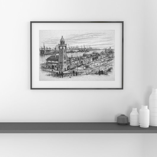 Pencil Cityscape Sketch Hamburg Harbor Landmark Poster