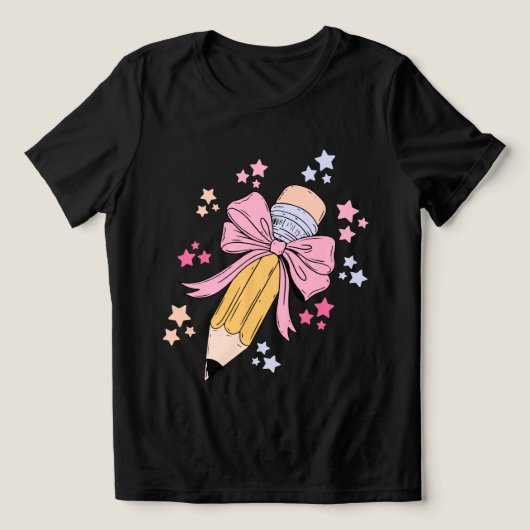 Pencil Coquette Bow Pink Terug naar schoolleraren Tri-Blend Shirt (Design voorkant)