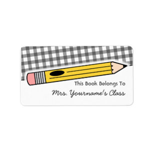 Pencil & Grey Gingham School Book Label