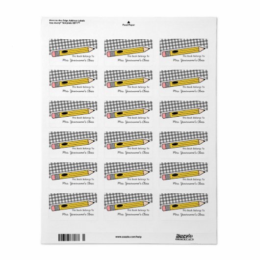 Pencil & Grey Gingham School Book Label (Full Sheet)