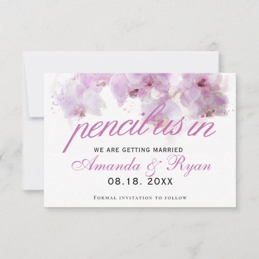 Pencil in het Label van de Waterverf Pink Orchid W Save The Date (Voorkant)