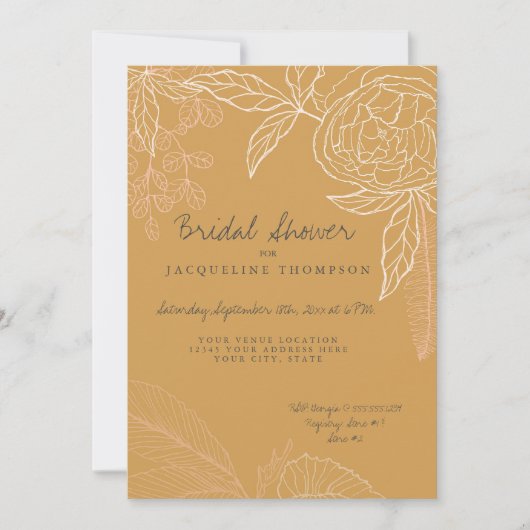 Pencil Line Art Harvest Gold Floral Peony Leaf Kaart (Voorkant)
