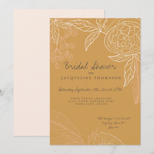 Pencil Line Art Harvest Gold Floral Peony Leaf Kaart (Voorkant / Achterkant)