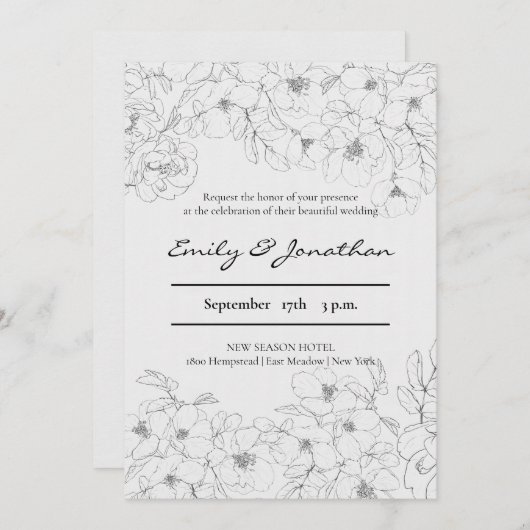 Pencil Sketch Floral | Minimale bruiloft Kaart (Voorkant / Achterkant)