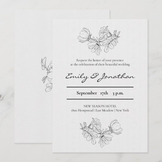 Pencil Sketch Floral | Minimale bruiloft Kaart (Voorkant / Achterkant)