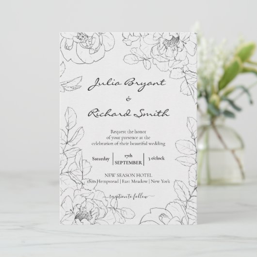 Pencil Sketch Floral | Minimale pony-weddenschap Kaart (Staand voorkant)