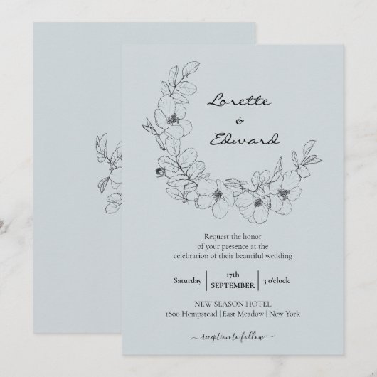 Pencil Sketch Floral Wreath | Minimale bruiloft Kaart (Voorkant / Achterkant)