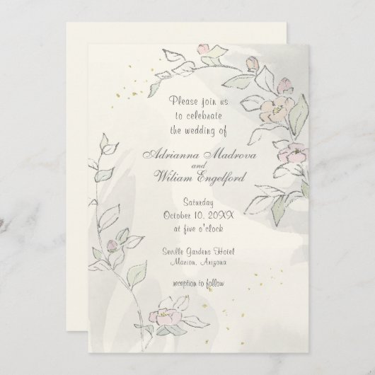 Pencil Sketch Roze Bloemen Huwelijk Kaart (Voorkant / Achterkant)