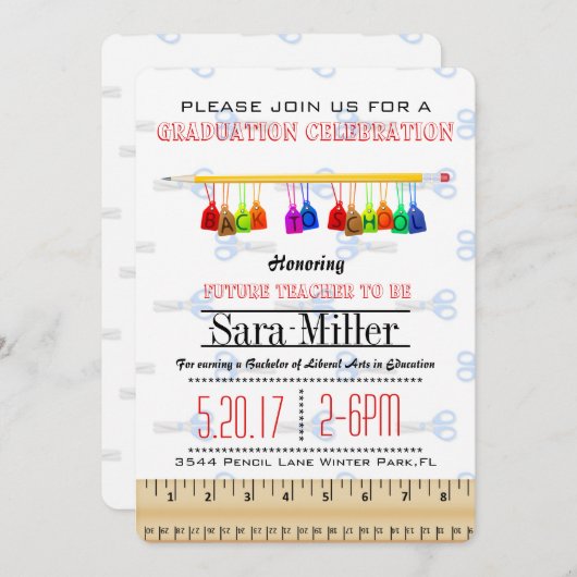 Pencil Teacher Afstuderen Invitation Kaart (Voorkant / Achterkant)