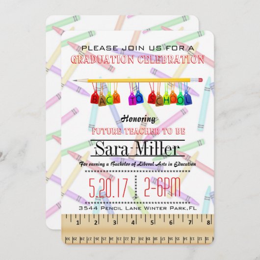 Pencil Teacher Afstuderen Invitation Kaart (Voorkant / Achterkant)
