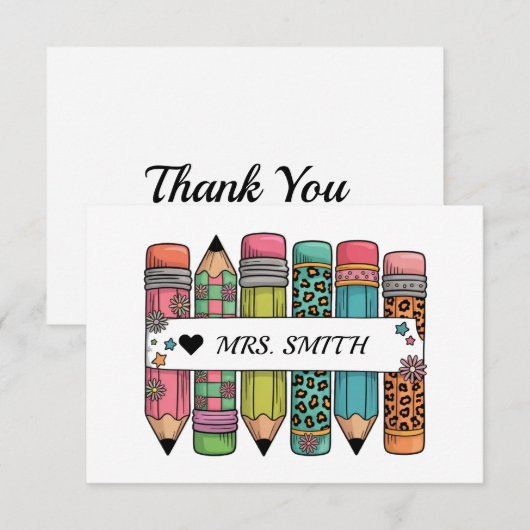 Pencil Teacher Name Thank You Card Bedankkaart (Voorkant / Achterkant)