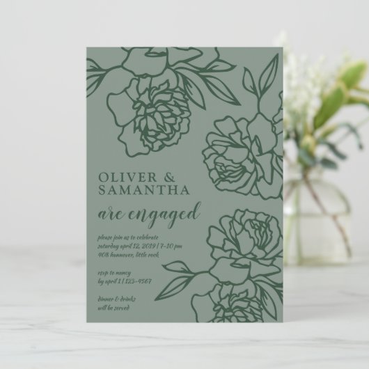 Penciled Peonies Emerald Green Engagement Party Kaart (Staand voorkant)