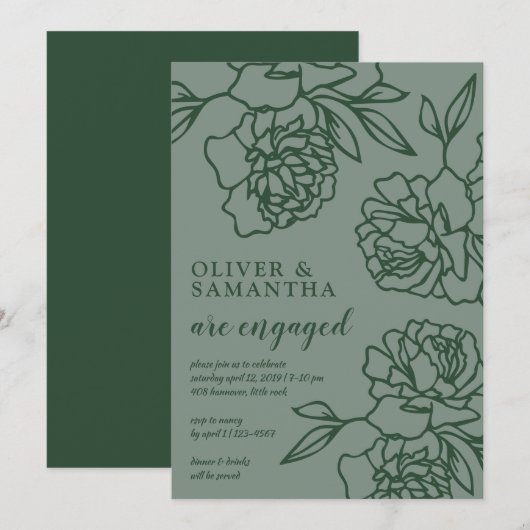 Penciled Peonies Emerald Green Engagement Party Kaart (Voorkant / Achterkant)