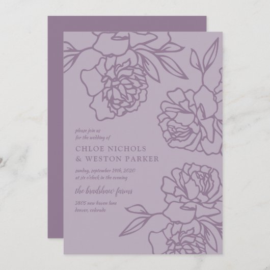 Penciled Peonies Modern Lavender Wedding Kaart (Voorkant / Achterkant)