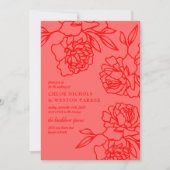 Penciled Peonies Modern Red Wedding Kaart (Voorkant)