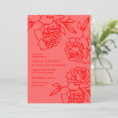 Penciled Peonies Modern Red Wedding Kaart (Staand voorkant)