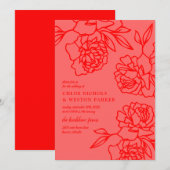Penciled Peonies Modern Red Wedding Kaart (Voorkant / Achterkant)