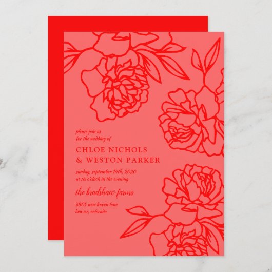 Penciled Peonies Modern Red Wedding Kaart (Voorkant / Achterkant)