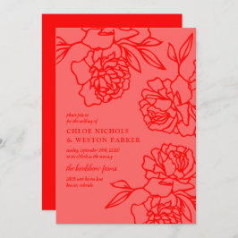 Penciled Peonies Modern Red Wedding Kaart
