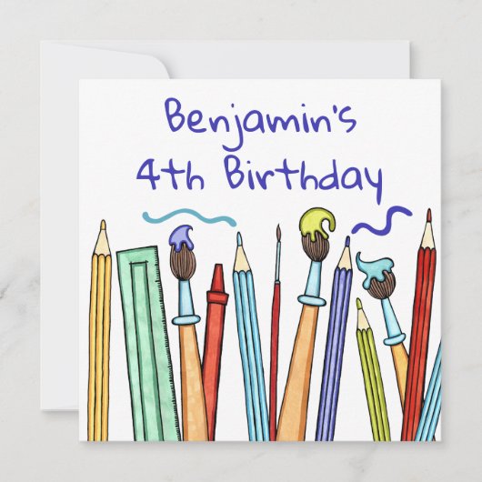 Pencils and Paintbrushes verjaardagsuitnodiging (Voorkant)