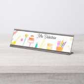 Pencils Waterverf Leraar School Leuk Modern Bureau Naambordje (Voorkant)