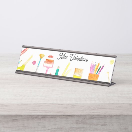 Pencils Waterverf Leraar School Leuk Modern Bureau Naambordje (Voorkant)