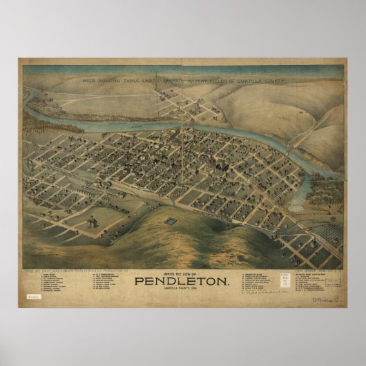 Pendleton Oregon 1890 Antiek Panoramische Kaart Poster (Voorkant)