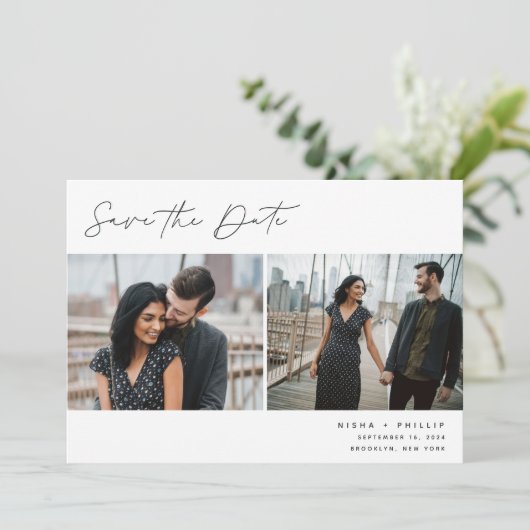 Pened Script | Modern Elegant Two Photo Save The Date (Staand voorkant)