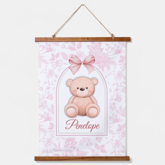 Penelope | Aangepaste Roze Teddybeer Nursery Desig Hangend Wandkleed (Voorkant)