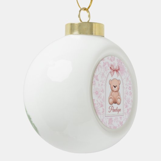 Penelope | Aangepaste Roze Teddybeer Nursery Desig Keramische Bal Ornament (Links)