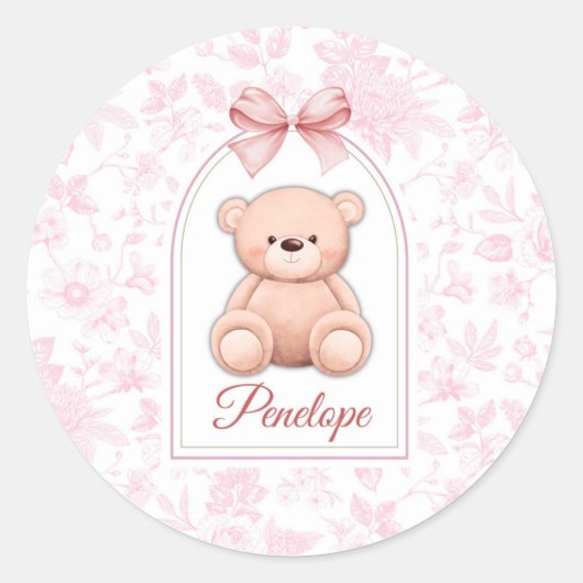 Penelope | Aangepaste Roze Teddybeer Nursery Desig Ronde Sticker (Voorkant)