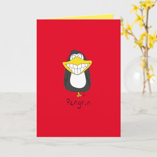 Pengrin Grinning Penguin Funny Wenskaart Kaart (Gele Bloem)