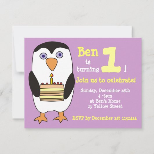 Penguin 1st Birthday Invitation, Birthday Party Kaart (Voorkant)