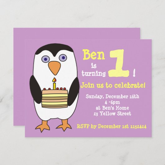 Penguin 1st Birthday Invitation, Birthday Party Kaart (Voorkant / Achterkant)