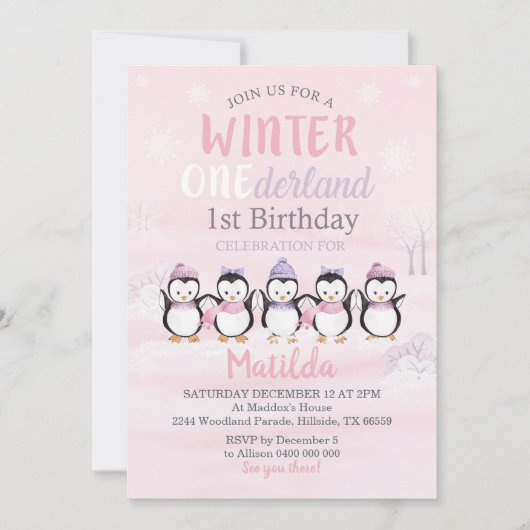 Penguin 1st Birthday Invitation Winter Onederland Kaart (Voorkant)
