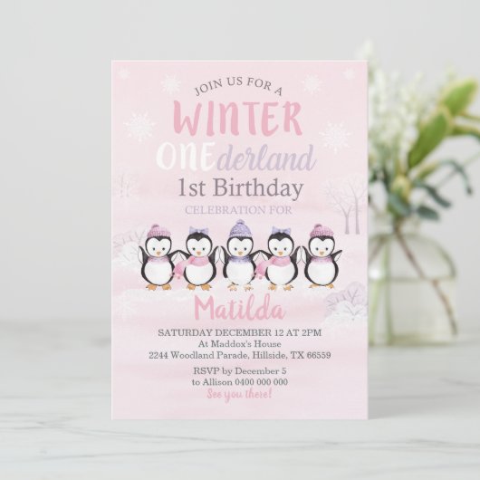 Penguin 1st Birthday Invitation Winter Onederland Kaart (Staand voorkant)