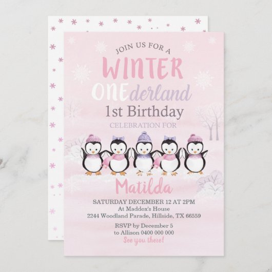 Penguin 1st Birthday Invitation Winter Onederland Kaart (Voorkant / Achterkant)