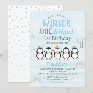 Penguin 1st Birthday Invitation Winter Onederland Kaart