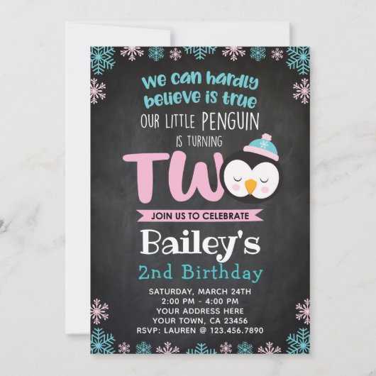 Penguin 2e verjaardag Uitnodiging Chalkboard (Voorkant)