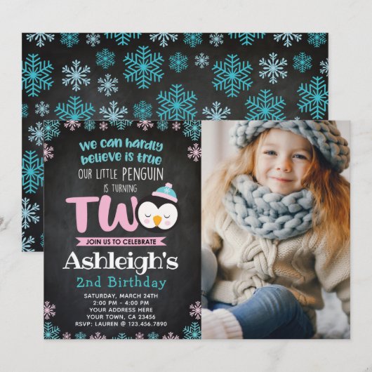 Penguin 2e verjaardag uitnodiging met foto (Voorkant / Achterkant)