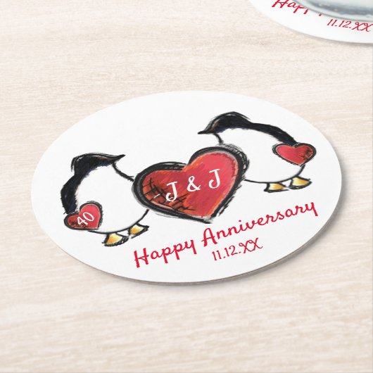 Penguin 40th ruby bruiloft ronde kartonnen onderzetter (Gebogen)